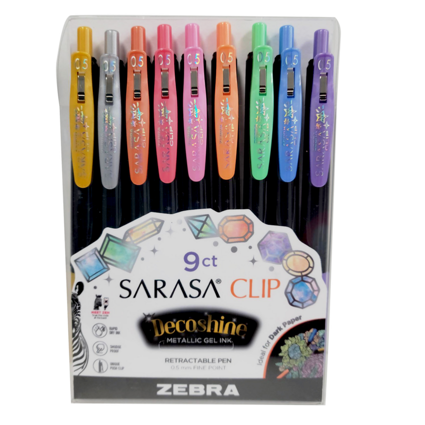 Zebra Sarasa® Clip Decoshine Retractable Gel Pens 0.5 mm Assorted Metallic Colours 9/pkg