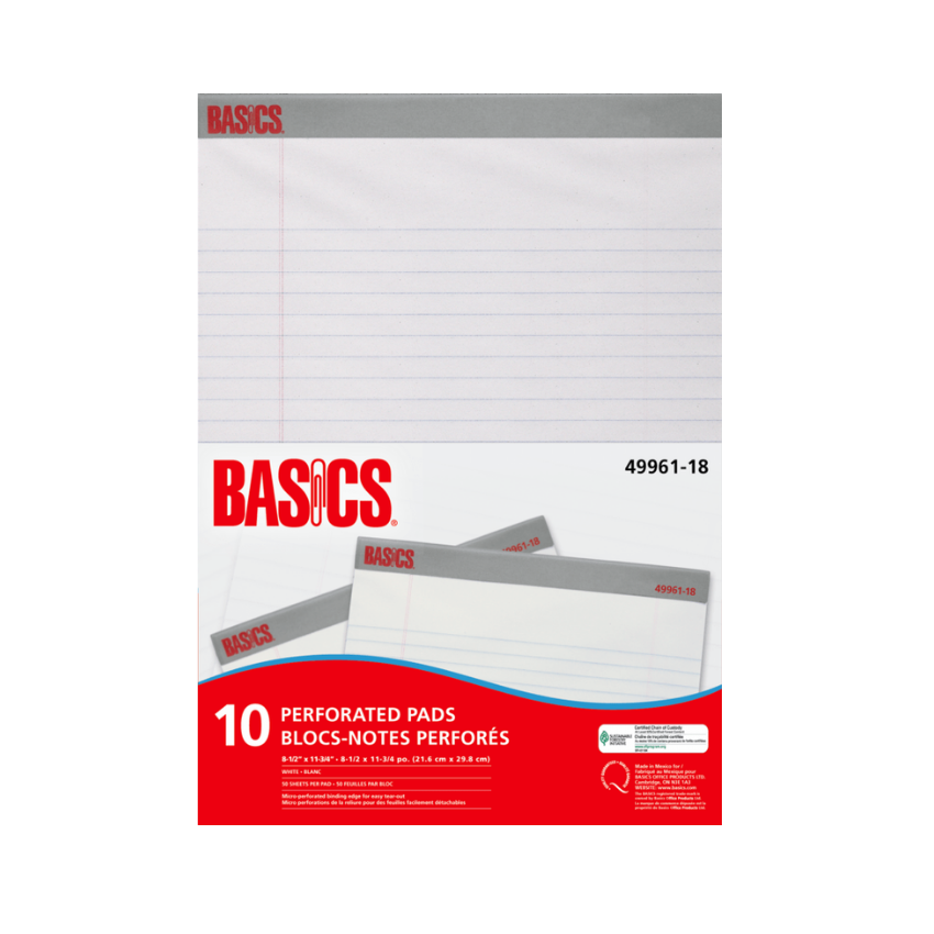 Basics® Perforated Pads 8-1/2x11-3/4" White 50shts/pad 10 pads/pkg